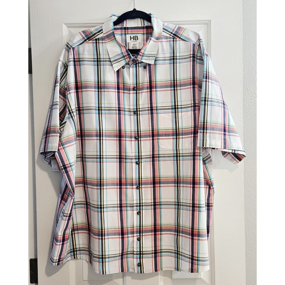 HB Harbor Bay Fit By DXL 2XLT Madras Plaid Shirt Short Sleeve Big Tall Pastel